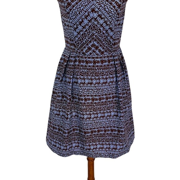 Eva Franco Blue Brown Geometric Fit And Flare Sleeveless Dress 4 Retro Chic - Picture 3 of 7